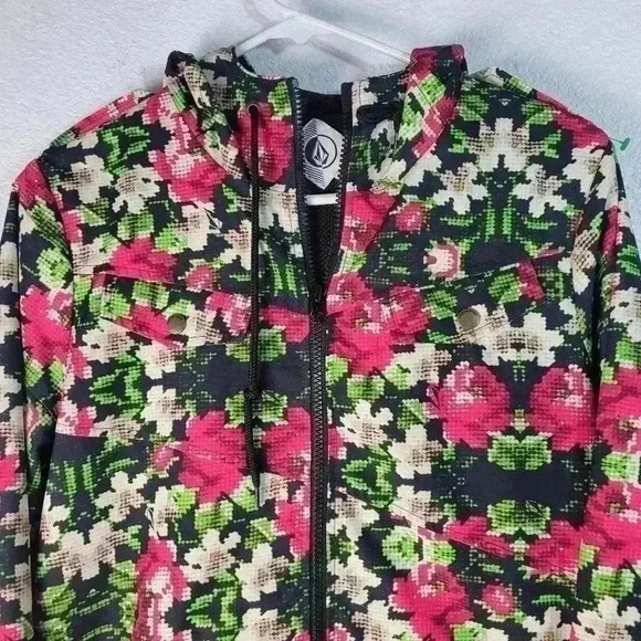 VOLCOM Girls Size Med/12 Mesh Lined Hooded Windbreaker Jacket Black Floral - Picture 3 of 8